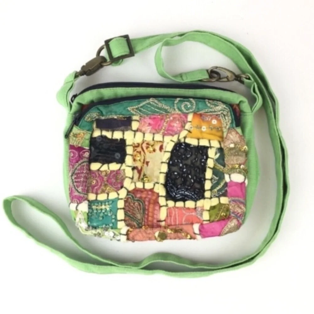 BLUE SKY Boho Mini Crossbody Bag Beads Sequin Embroidered Fairy Phoebe Buffay